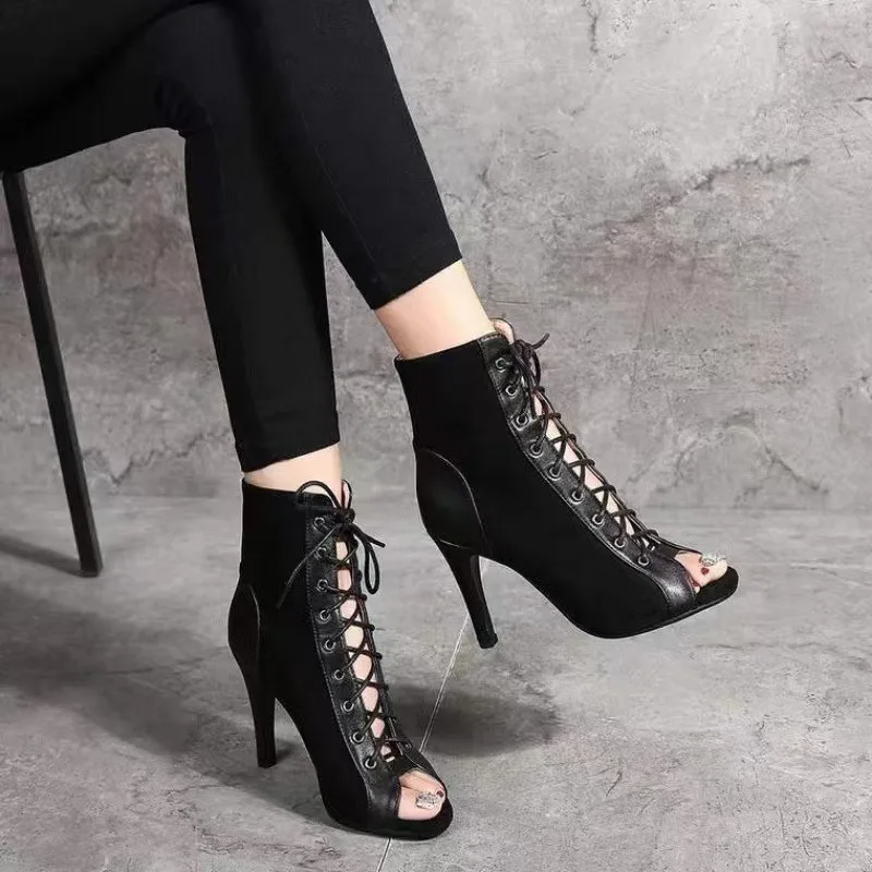 Sandals Hollow Mesh Heels Women\'s Shoes Summer 2024 Trend Black Lace-Up Sexy Peep Toe Boots Stilettos Jazz Dance Female Shoes