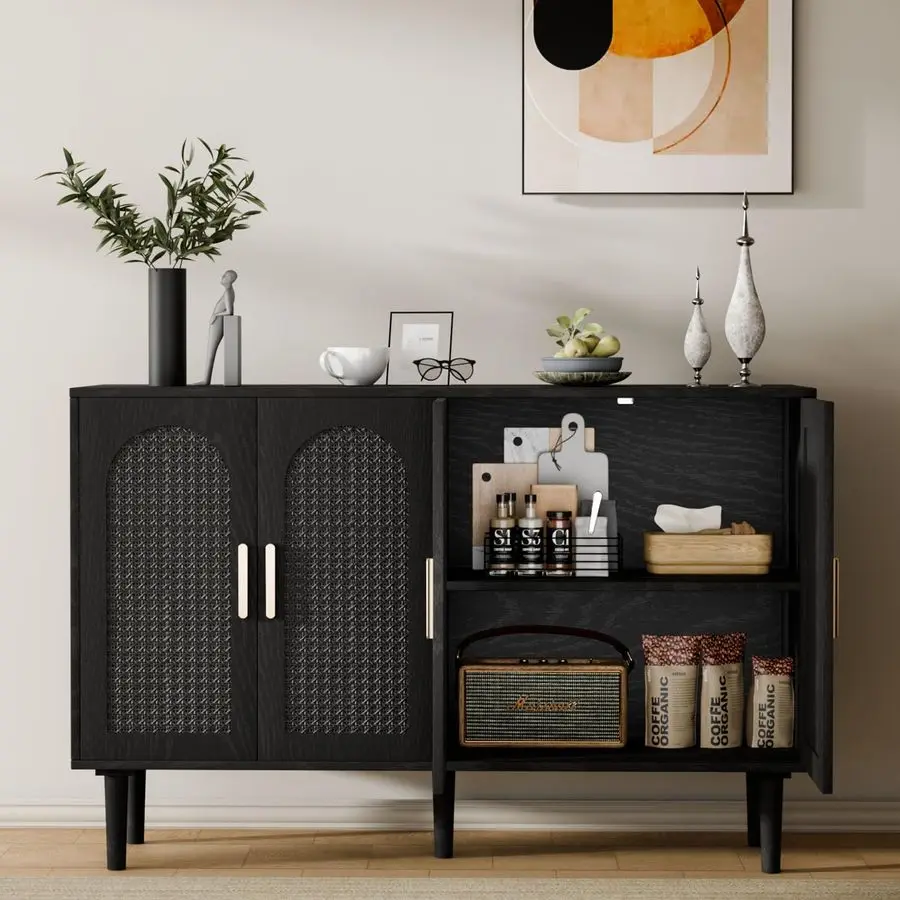 

Sideboard Buffet Cabinet with Storage, Modern Credenza Buffet Table Coffee Bar Wine Bar Storage Cabinet with Artistic Carved Han