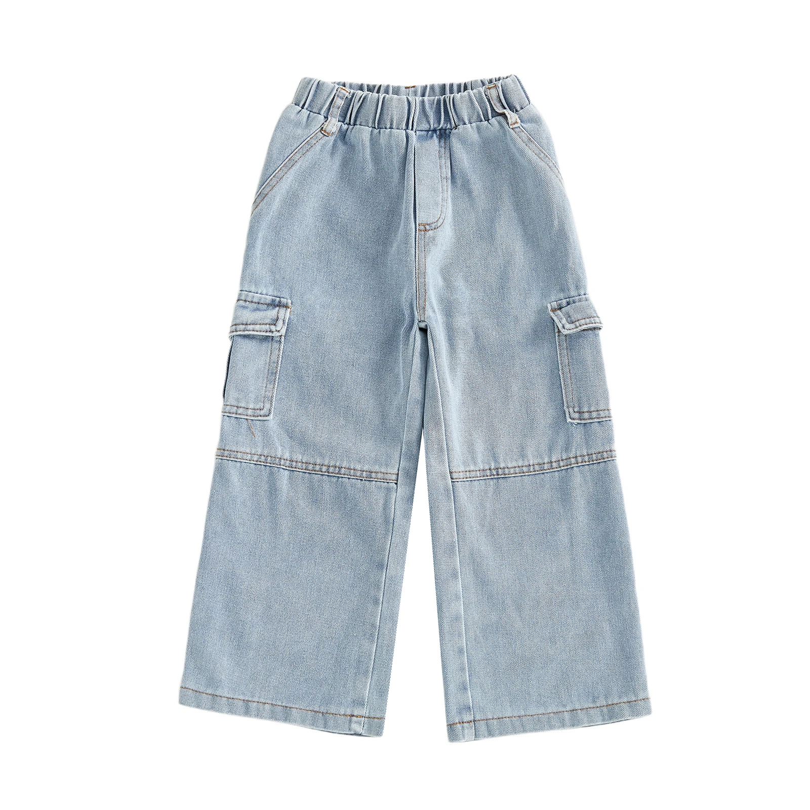 

Little Girls Cargo Jeans Cute Solid Color Washed Denim Pants Loose Fit Trousers with Utility Pockets Cute Holiday Outfits