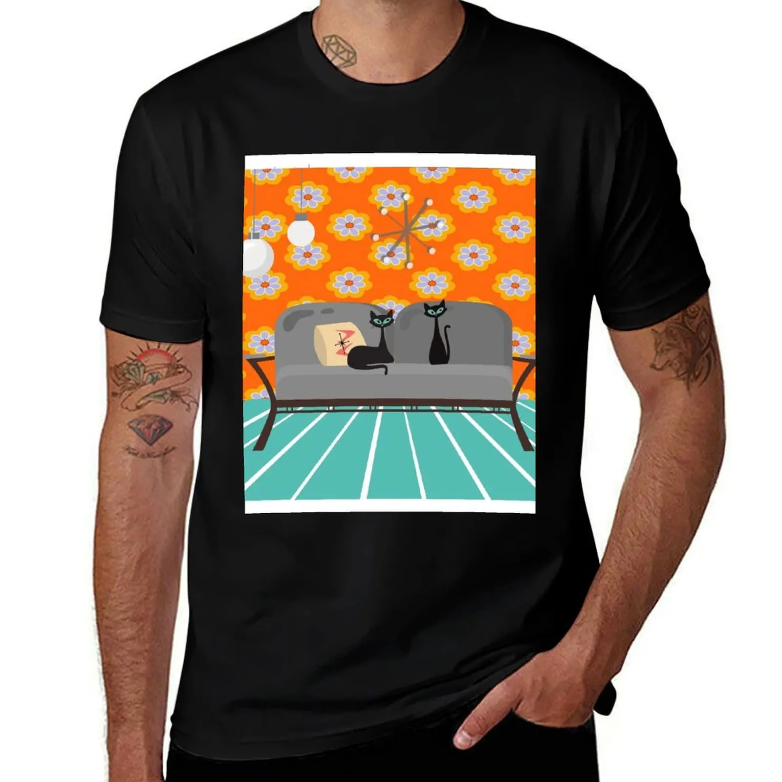 

Mid Century Modern Kitties Lounging in a Retro Styled Living Room T-Shirt vintage anime clothes anime figures mens clothes