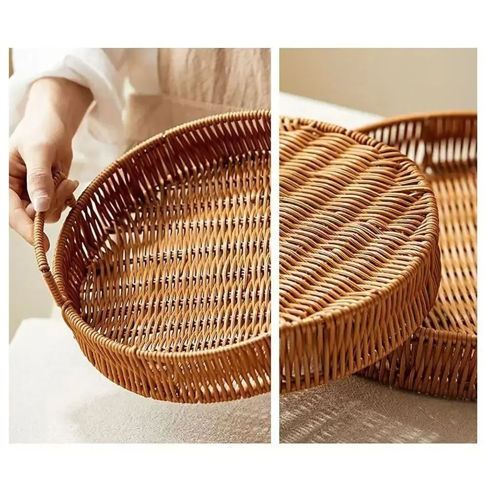 20/25/30/35cm Handwoven Rattan Basket Plastic Imitation with Handle Wicker Basket Double Ears Rattan Storage Tray Food Storage