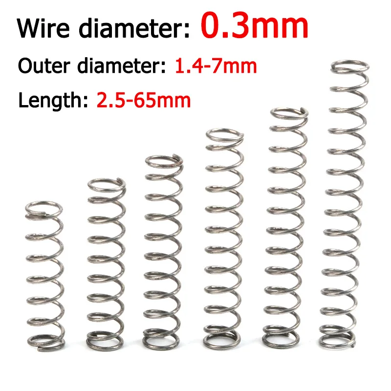 

10pcs Wire Dia 0.3mm Compression Spring Length 2-65mm 304 Stainless Steel Spring Steel Spiral Pressure Spring Outer Dia 1.4-7mm