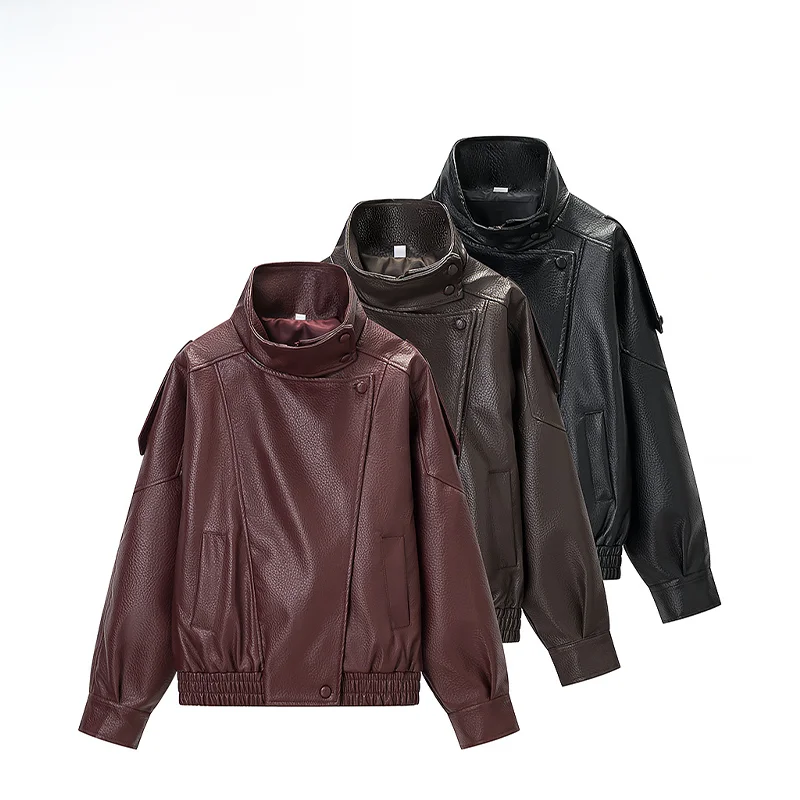 Fashionable Litchi Skin Leather Jacket Women's Street Style Spring New Arrival Versatile Design Short Length Zipper Closure