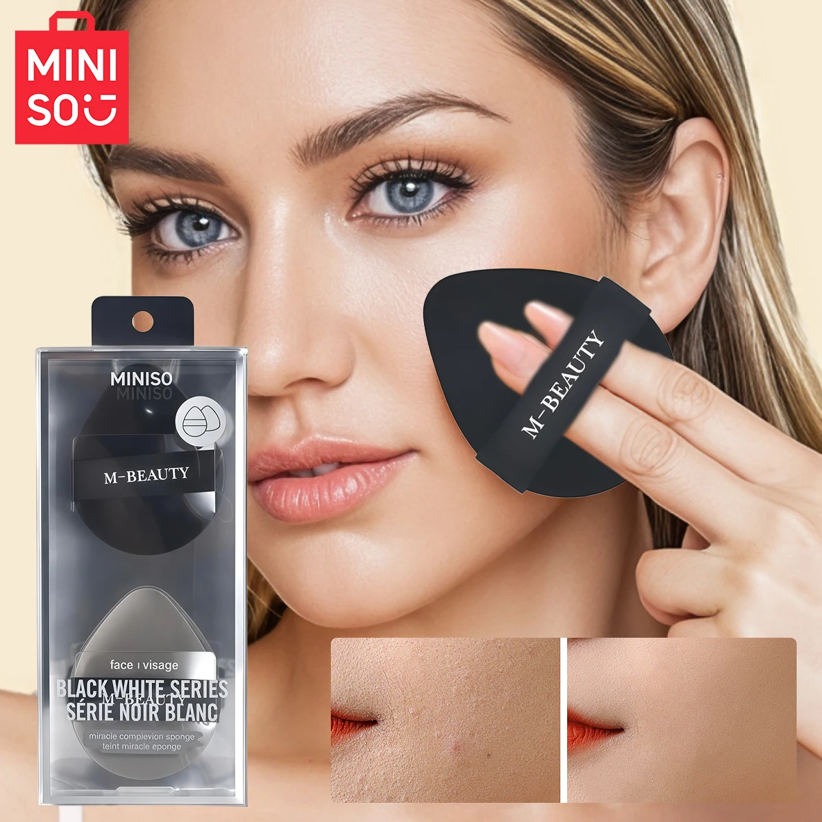 MINISO – coussin d'air épais Double face, série classique noir et blanc, bouffée de poudre, paquet de 2, éponge douce, coussin d'air humide et sec