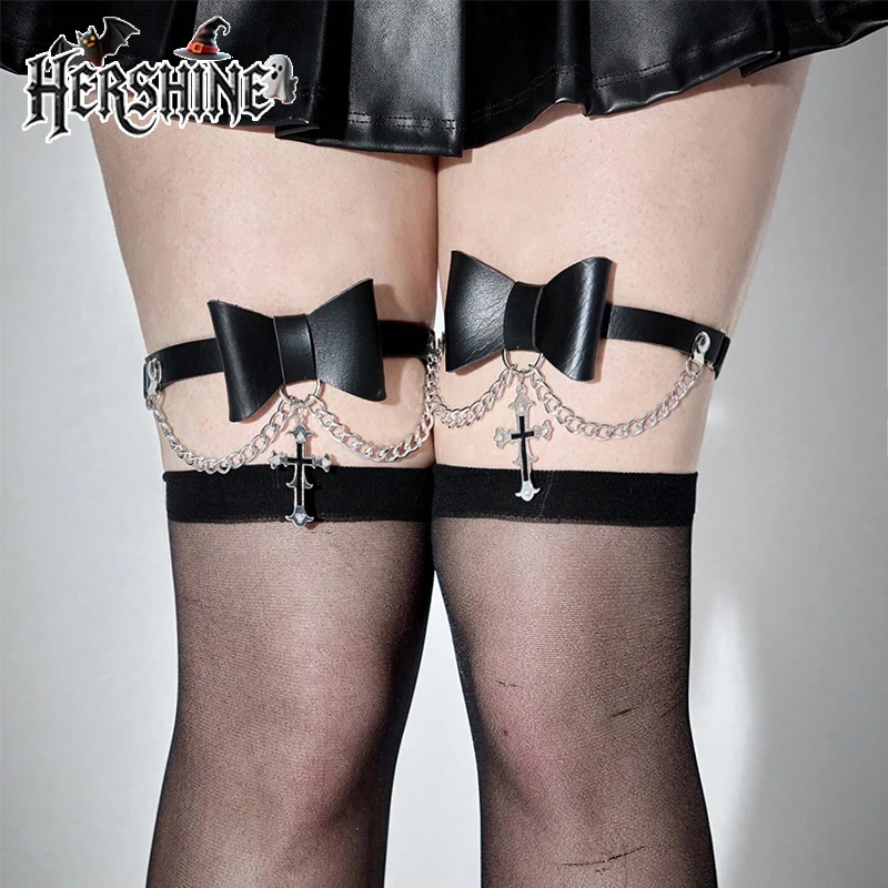 

HERSHINE комбинированные женские леггинсы с цепочкой и бантом из 2 предметов Y2K, готический панк, аксессуары для Хэллоуина, ночной клуб, пара, косплей