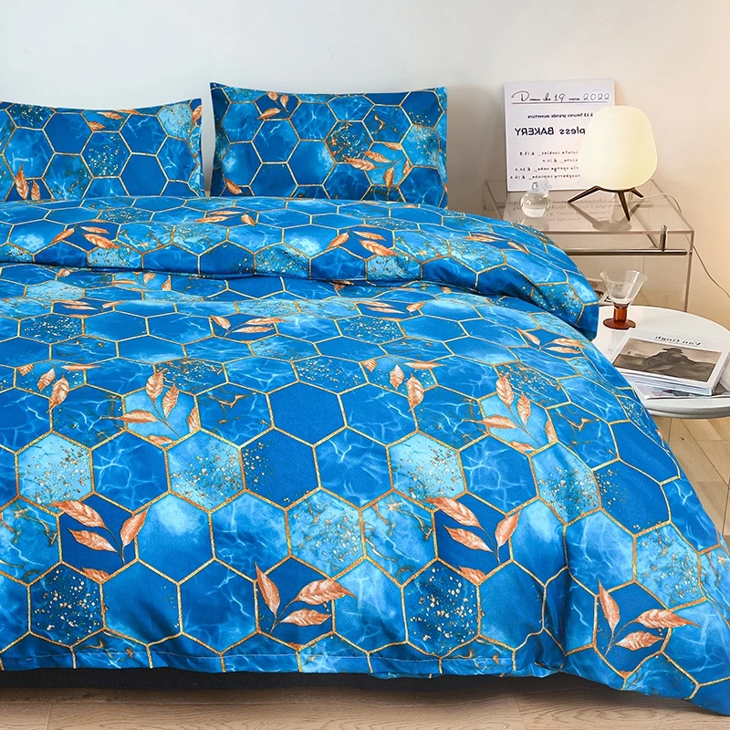 Blue Geometric Pattern Duvet Cover 220x240,Single/Double Quilt Cover with Pillowcase,Microfiber Soft Bedding Set Queen Size