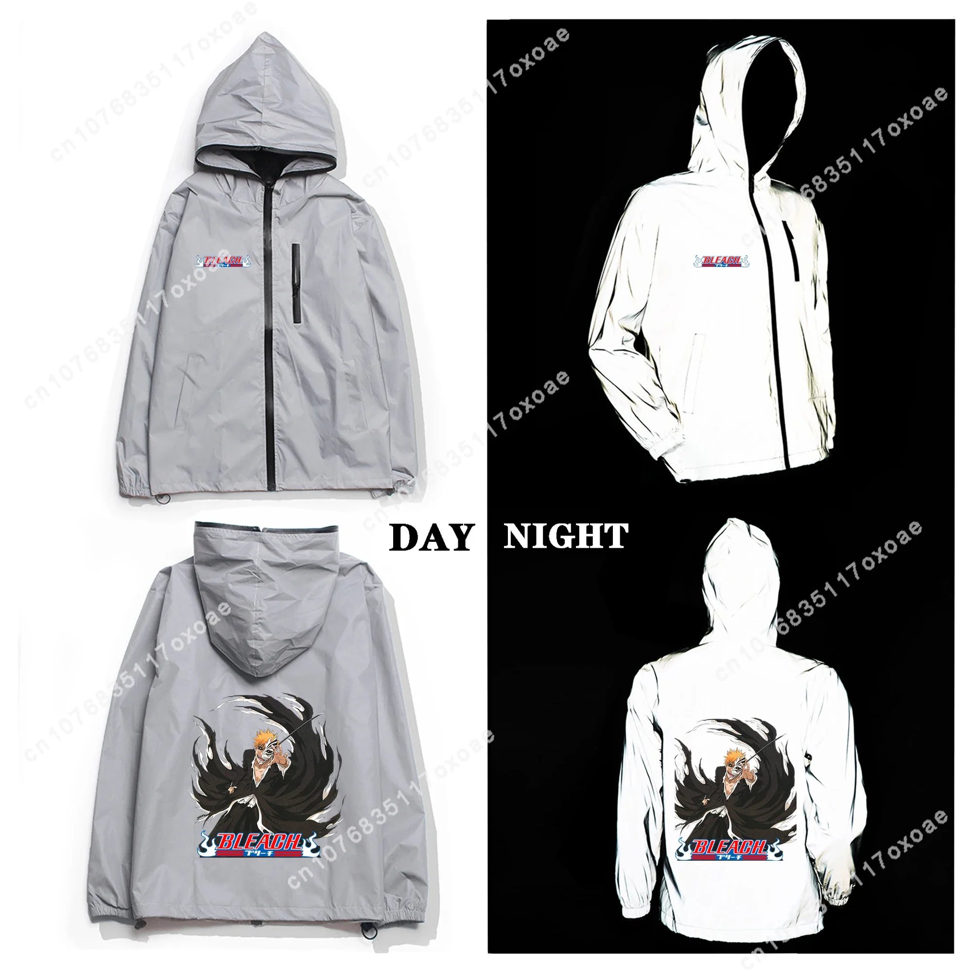 

Bleach Reflective Jacket Mens Womens Coat Hooded Windbreaker Pocket Jackets Ichigo Kurosaki Anime Cartoon Customization Hoodie