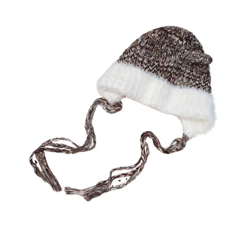 Cute Bear Bomber Hat Autumn and Winter Woolen Knitted Cat Ear Hat With Soft Warm Brim Long Braid Strap