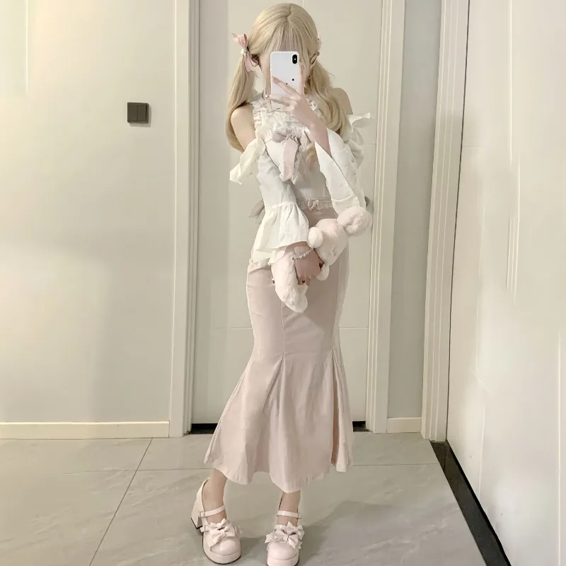 

Women Cute Elegant Japanese Sweet Lolita Dress Suit Ruffles Bow Blouse Slim Tops Pink Party Midi Skirt Set Y2k Outfits