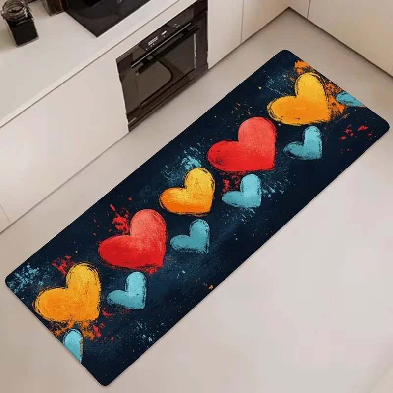 Hand Drawn Colorful Heart Long Kitchen Rug Vibrant Painted Love Print Non-Slip Floor Mat Cute Entry Laundry Room Indoor Decor