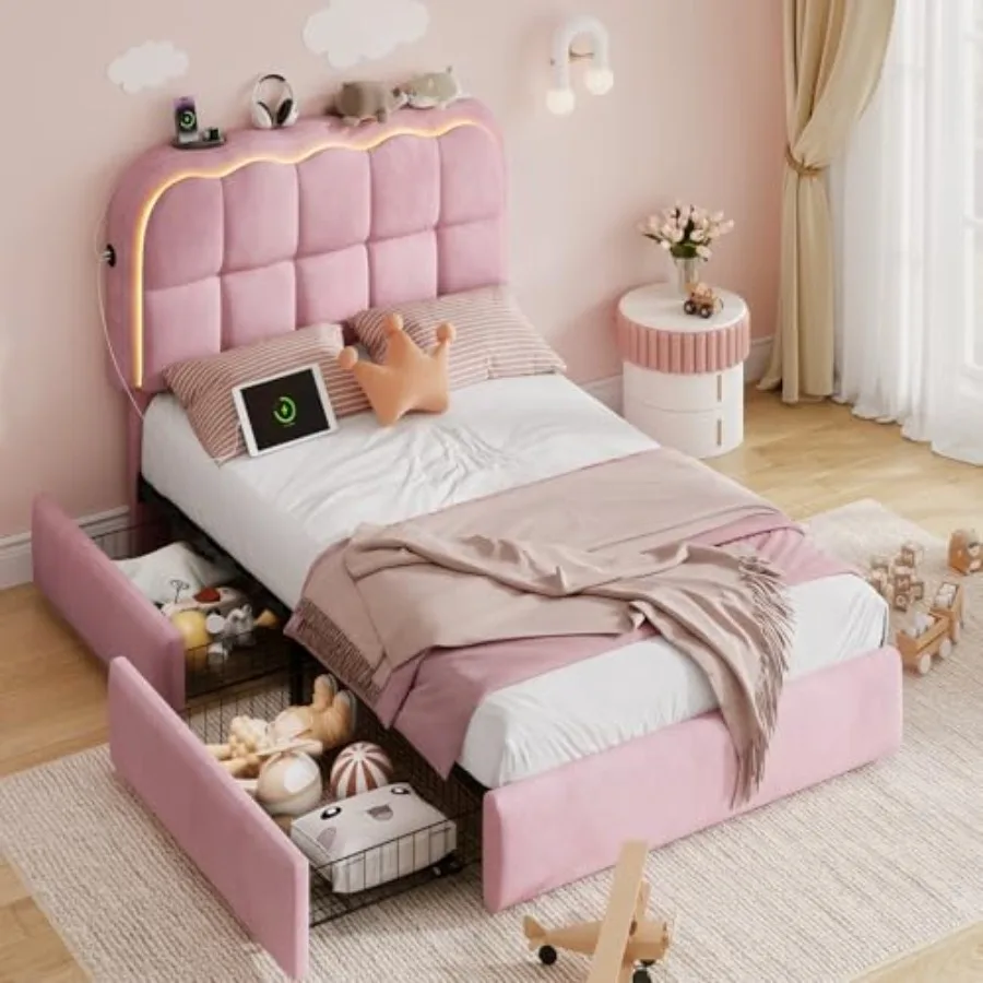 Twin Bed Frame with Storage Drawers and Headboard, Velvet Upholstered LED Platform Bed Frame for Kids, Sturdy Metal Cloud Bed - view 2