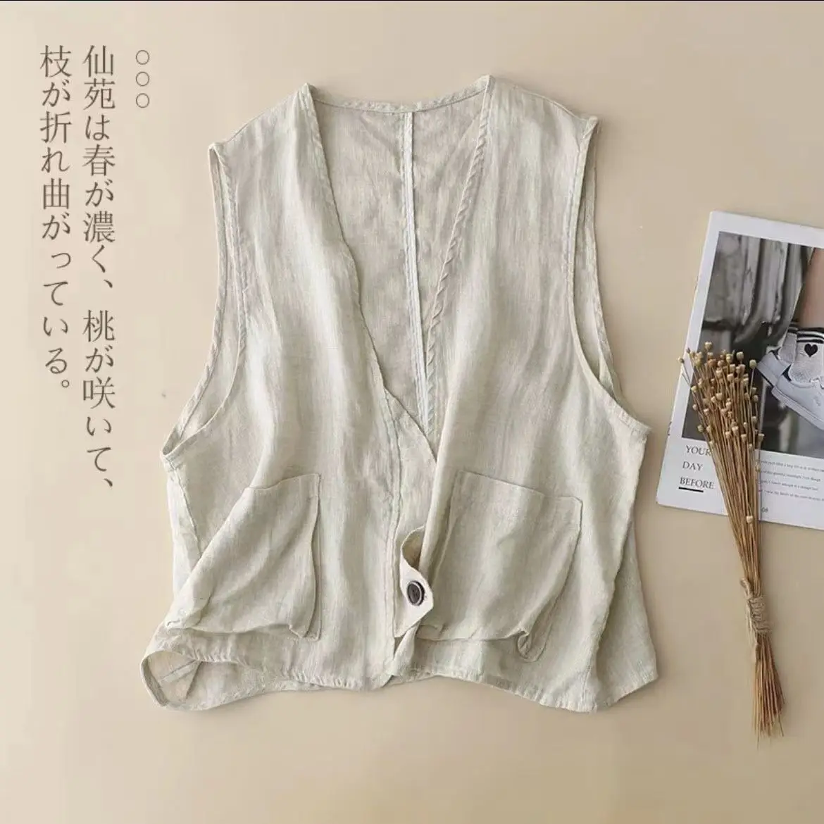 

Women Thin Beige Khaki Brown Cotton Linen Vest Irregular One Button Sleeveless Summer Jacket Coat Short Cardigan Cover Up Tops