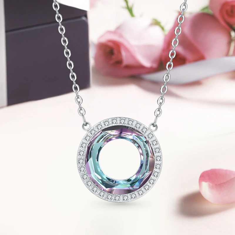 Fancy Stones Stainless Steel Necklace Genuine Crystal From Austria Silver Color Circle Pendant Jewelry For Women Christmas