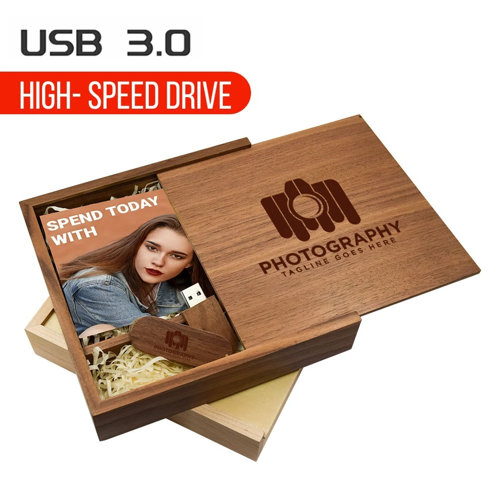 

USB 3.0 Flash Drives Photography Wooden Photo Album Box Pen Drive Free Logo 16GB 32GB 64GB 128GB Wedding Gift U Disk 8GB