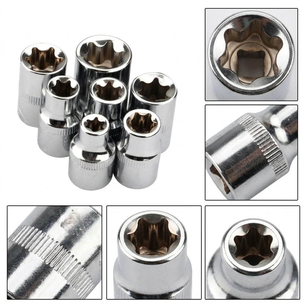 7pcs 3/8 Inch E8 For E10 For E11 For E12 For E14 E16 E18 Star For Torx Socket Set 50# Steel Chrome Vanadium Hand Tool For Auto