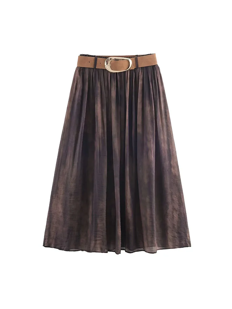 

2025 Women Autumn MIDI Skirts Vintage Print Belt High Waist Female Elegant Street Skirt Clothing