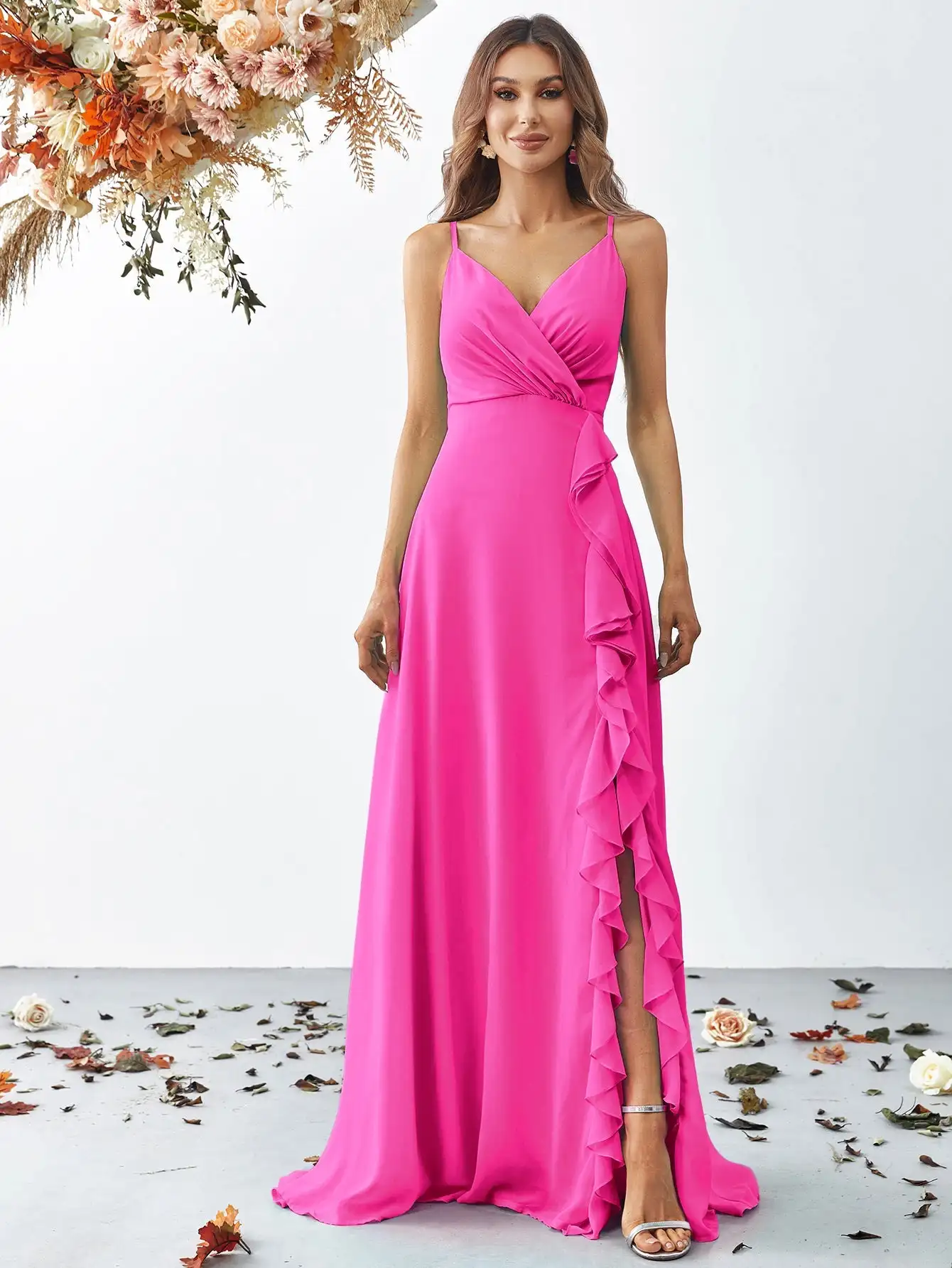 Elegant V Neck Sleeveless Ruffle Slit Chiffon A Line Party Dress & Evening Dresses