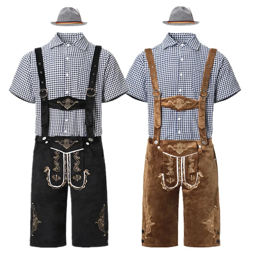 Erwachsene Oktoberfest Deutsch bayerische Shorts Outfit Overalls Hemd Hut Hosenträger Short Set Mann Karneval Halloween Party Kostüm