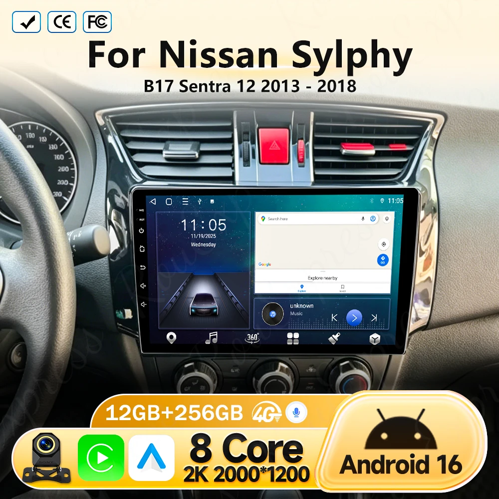 Stereo Carplay Auto Android 16 For Nissan Sylphy B17 Sentra 12 2012 - 2018 Car Radio GPS Navigation Head Unit Video WIFI 4G 2Din