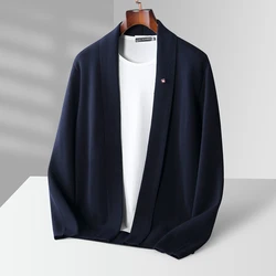 Autumn and winter new men's olive collar solid color 100% pure wool long sleeve casual knitting sweater loose cashmere coat.