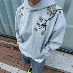 Grijze Uitnodigende Grenen Geborduurde Sweatshirt Heren Herfst Amerikaanse Retro Zwaargewicht Hoodie Oversized Paar Casual Jasje Y 2K Ins