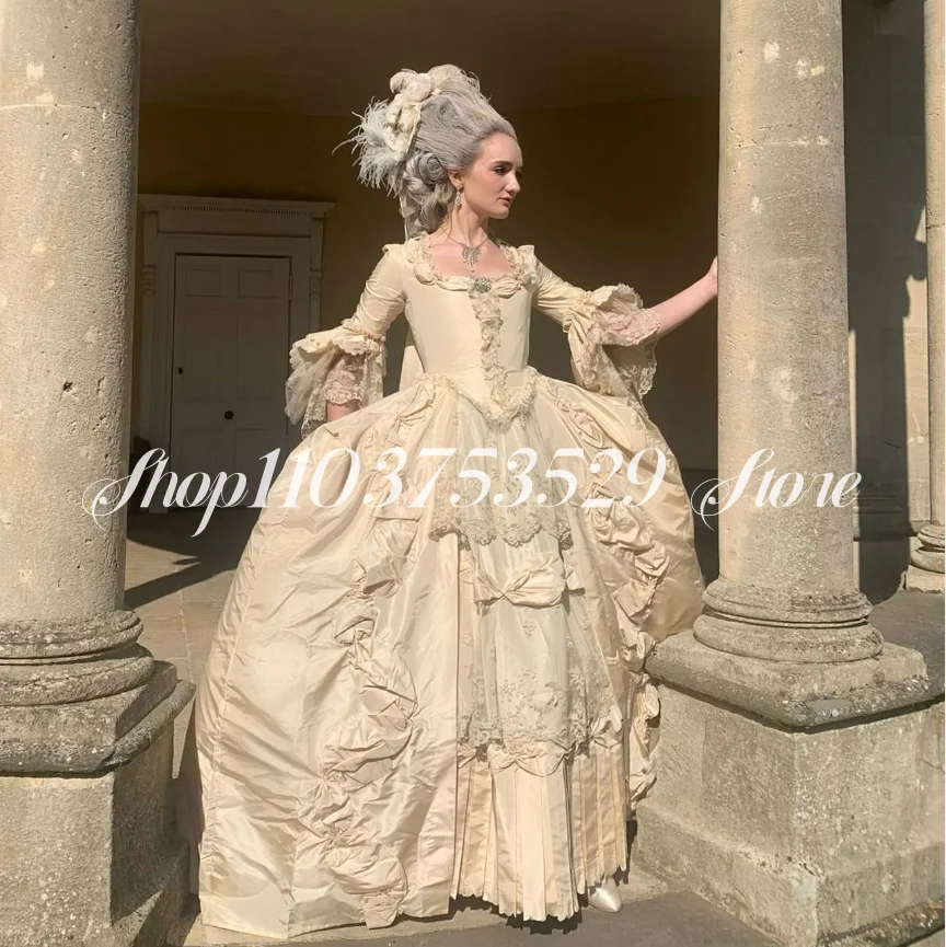 

Victorian Champagne Evening Gowns 2025 Elegant Square Neck Half Sleeve Satin Pleated Rococo Mary Duchess Ball Gowns Customized