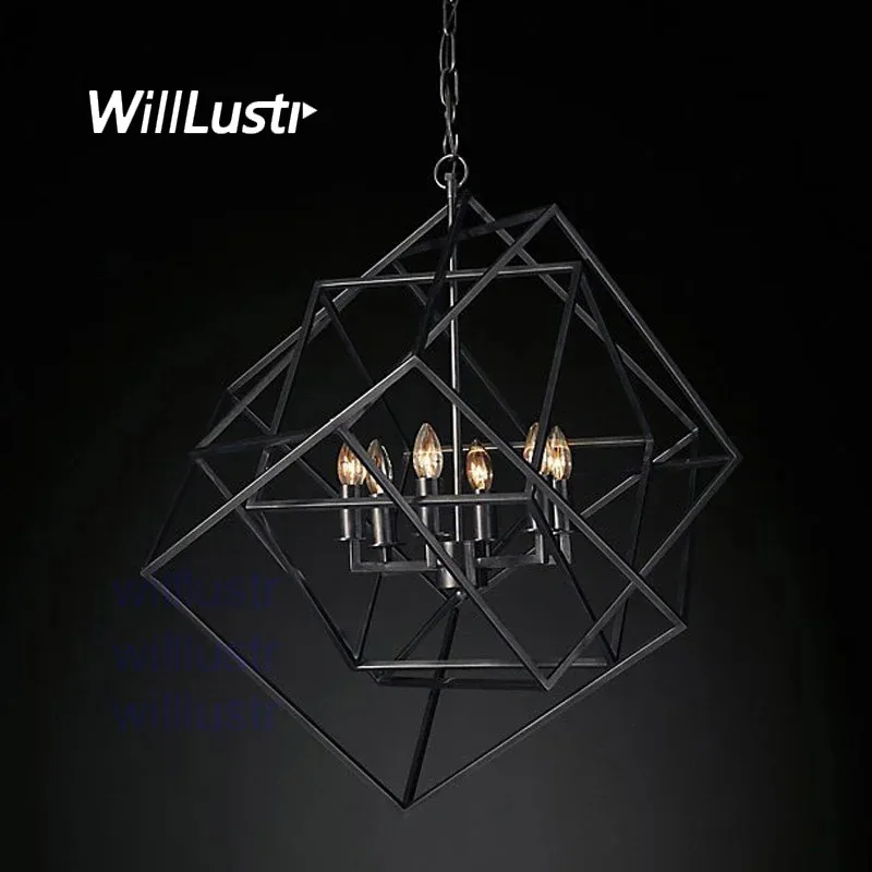 

Geometric PENDANT Lamp CAGED CUBIST Hanging Lighting Multifaceted Metal Frame Loft Bar Suspension Ceiling Chandelier