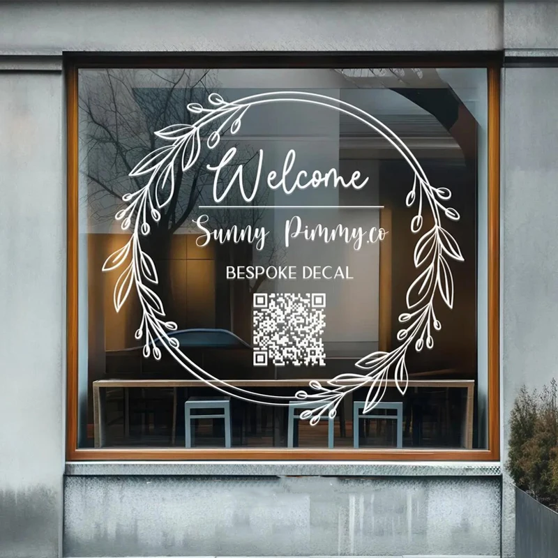 Custom business logo decal for shop window door text round leaves wreath window decor vinyl decals sticker  E990