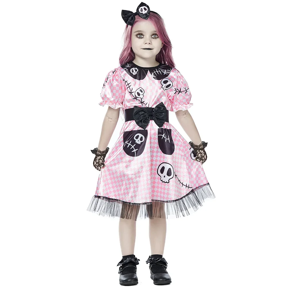 

The Mechanical Barbie Doll Imp Cosplay Costume Skull Print Kid's Pink Girls Dress Halloween Carnival Party Costume
