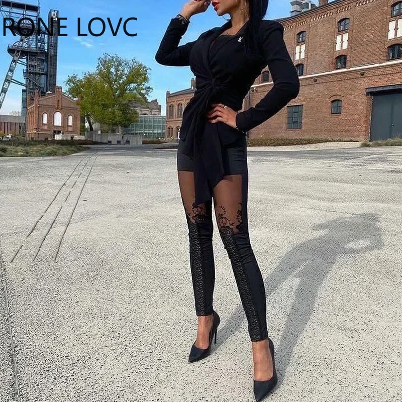 Women Casual High Waist Sheer Mesh Lace Embroidery Patch Skinny Pants Sexy Pencil Pants