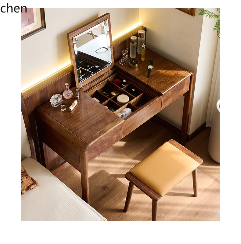 

QZT black walnut solid wood dresser mirror storage cabinet integrated bedroom flip dressing table