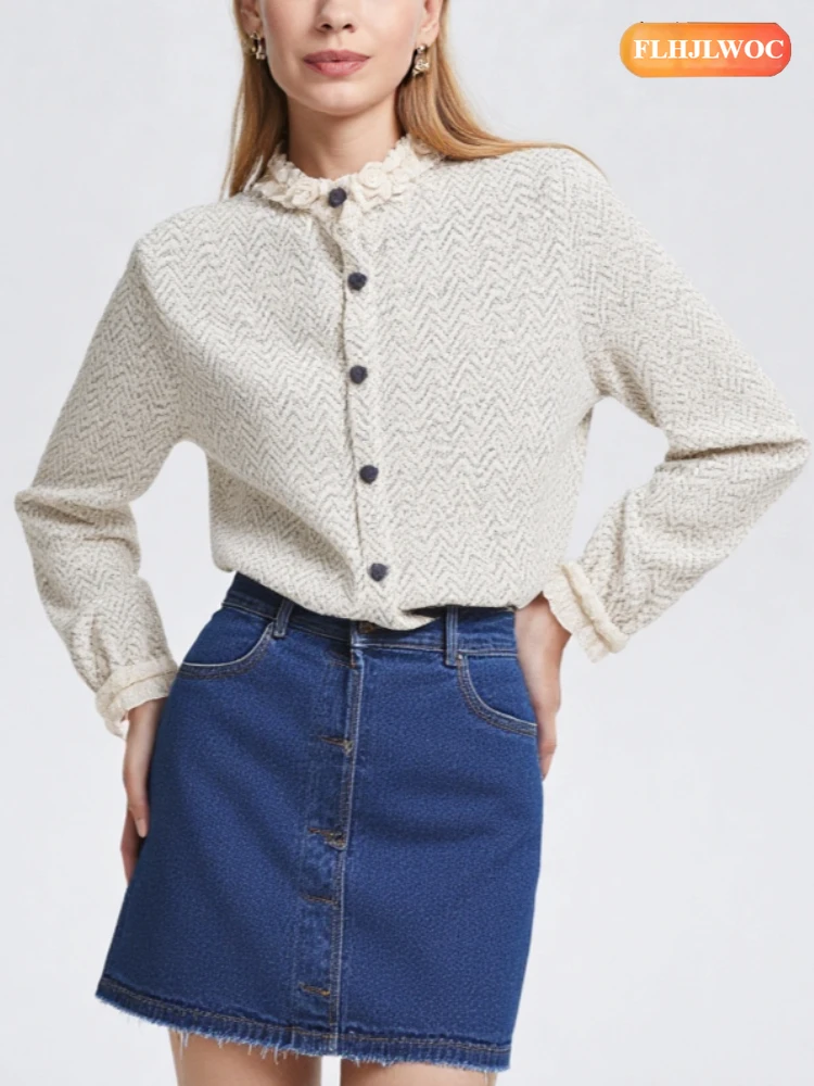 

French Design Stand Collar Lace Tops Blouses New Cute Sweet Girls Long Sleeve Retro Vintage Chic Korea Button Basic Shirts