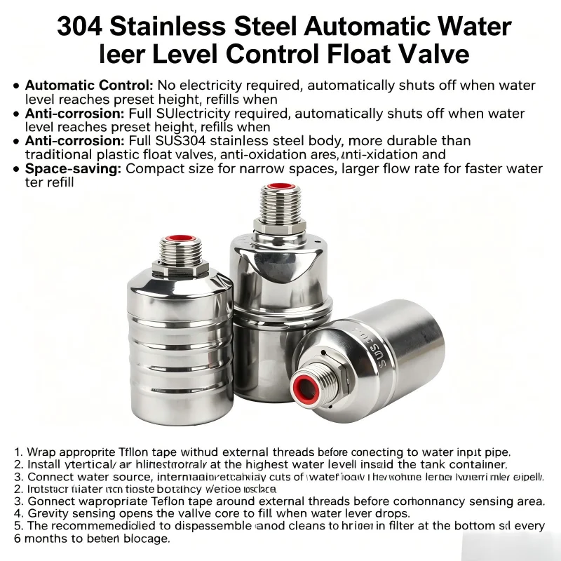 304 Stainless Steel Mini Float Valve Water Level Control Shut off Valve for Water Tank Fully Automatic 1/2' 3/4' Size