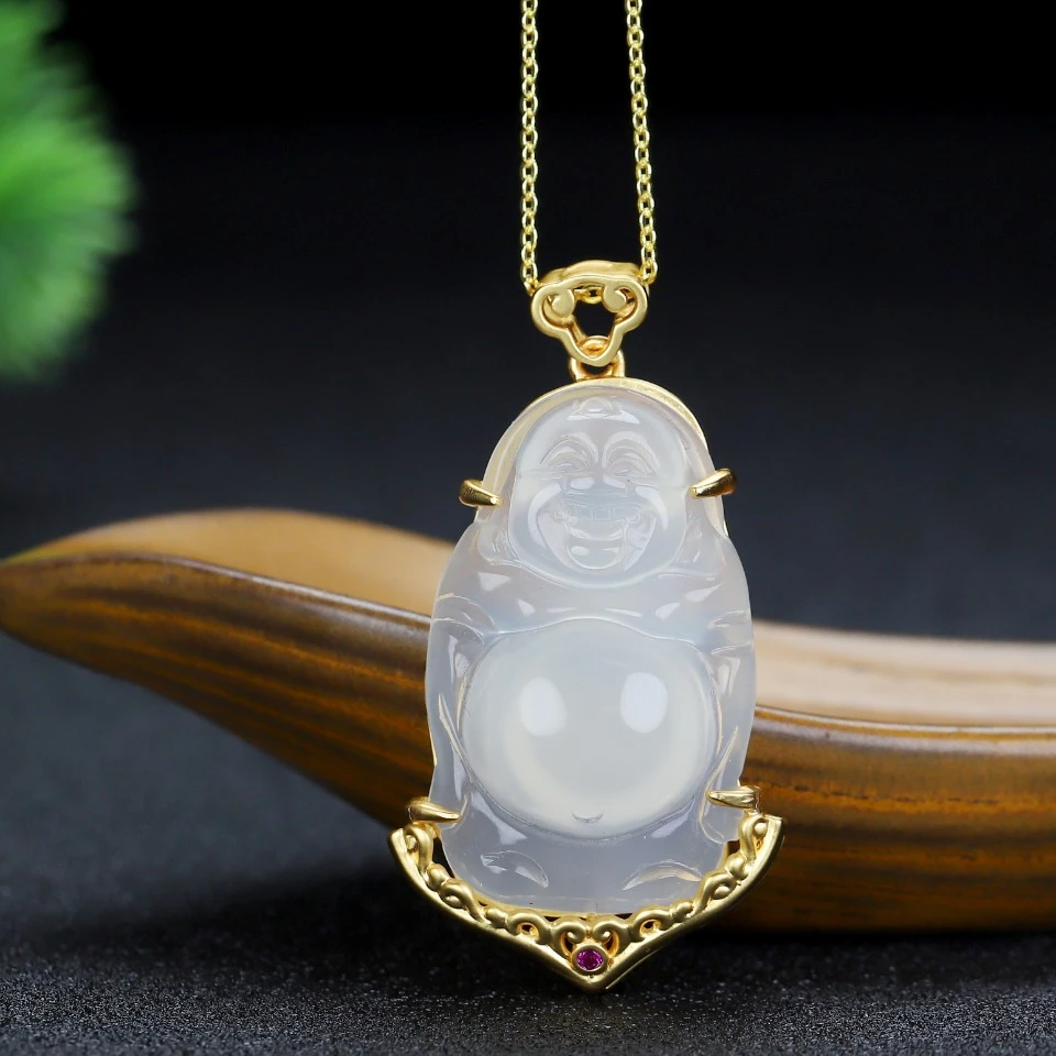 Natural Myanmar Jadeite Grade A Burma Jade Buddha Pendant Necklace 24k Gold Plated Copper Jewelry Women Lucky Charms Amulets