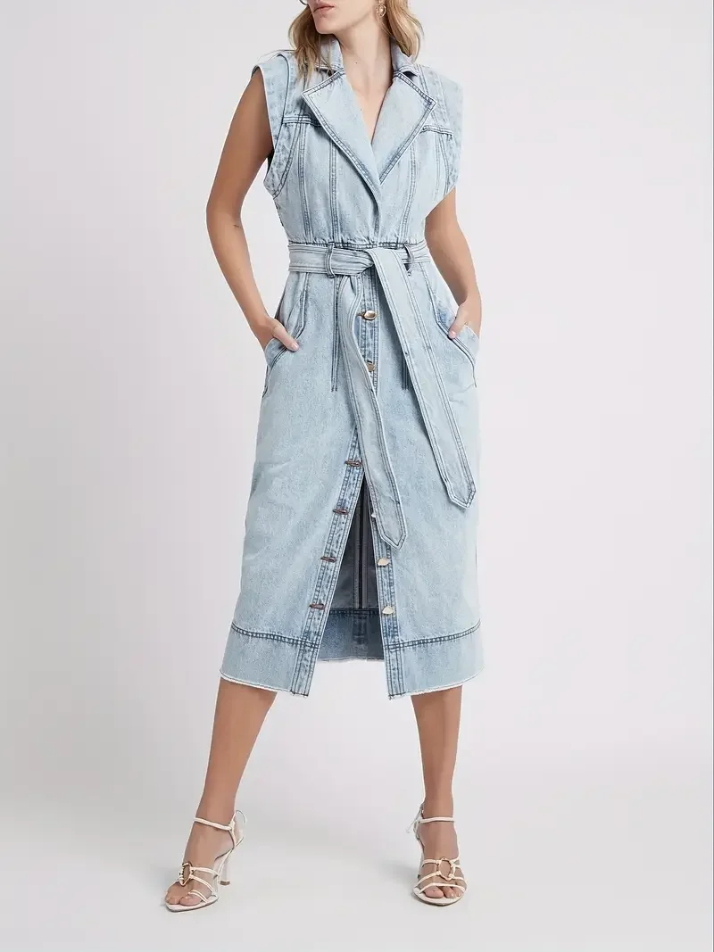 

Прочное джинсовое платье для женщин — без рукавов с завышенной талией, застежка спереди на пуговицах, легко в уходе, можно стирать в руках, непрозрачная ткань,