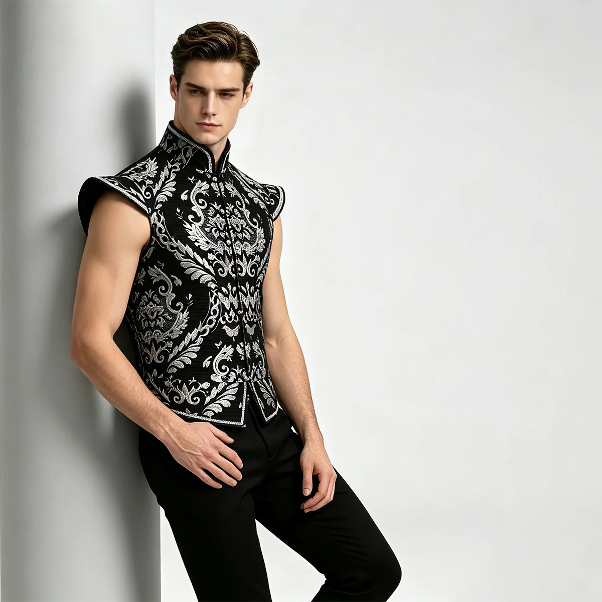 Chaleco gótico de hombre con estampado jacquard, estilo victoriano, con cuello alto, sin mangas, ideal para disfraces de Halloween y cosplay.