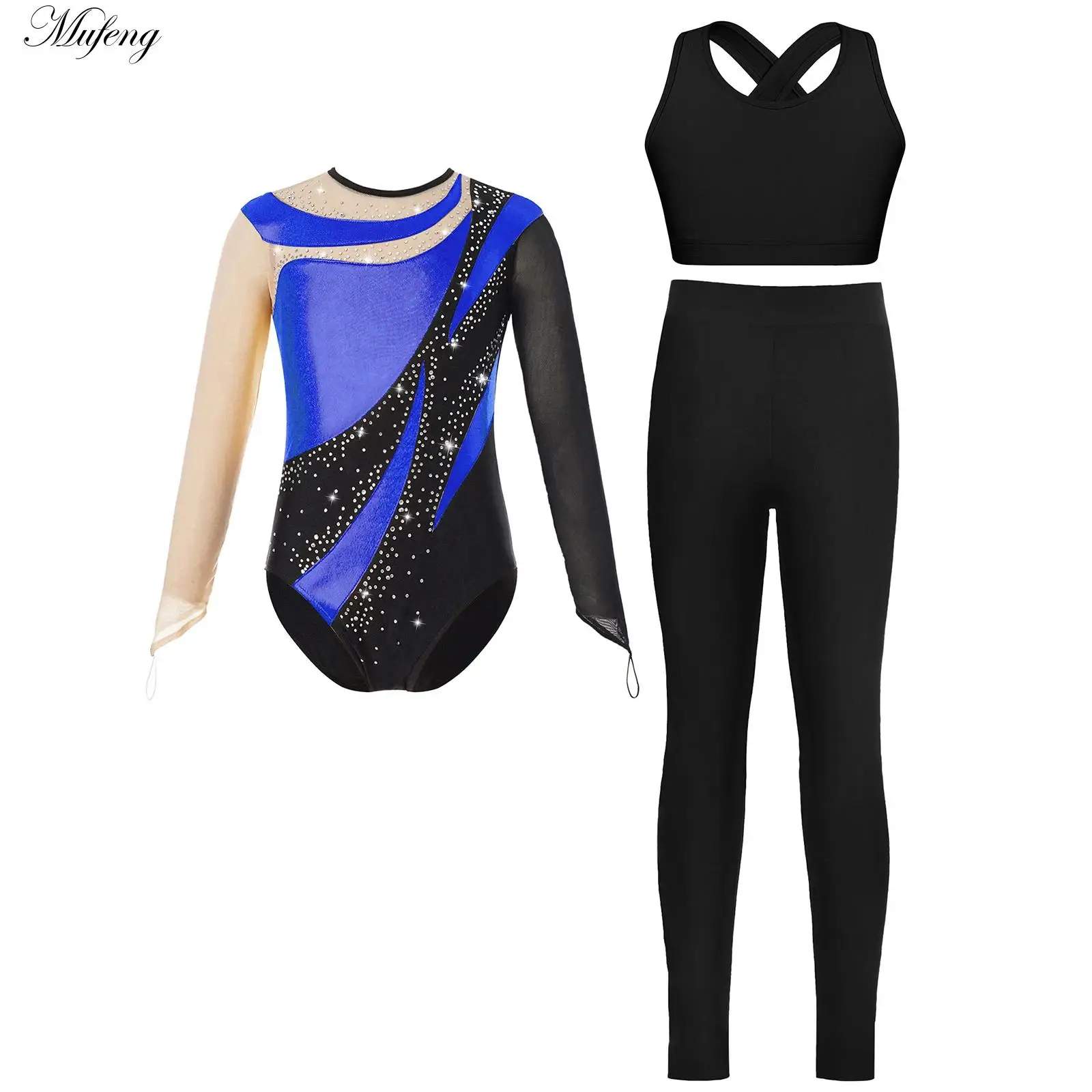 Girls Rhinestones Mesh Long Sleeve Gymnastics Leotard Outfit Figure Skating Costume with Vest Leggings for Show Ballet Dancewear