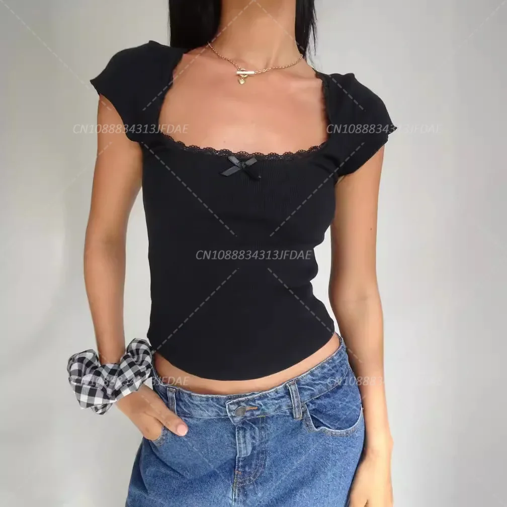 

Y2k Vintage Baby Tee Cottage Lace Trim Knitted T-Shirt Summer Square Neck Short Sleeve Tee Shirt Women White Milkmaid Crop Top