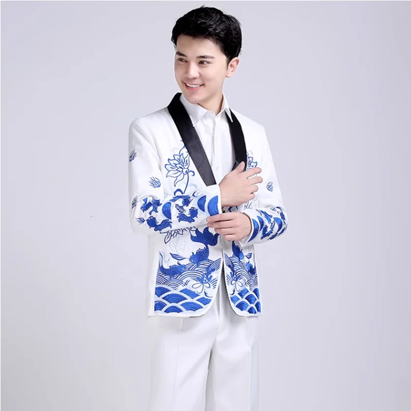 Fashion Men Business Embroidery Suit 2 Piece Black / Red / Blue Classic Male Wedding Dance Party Dress Blazer Jacket and Pants