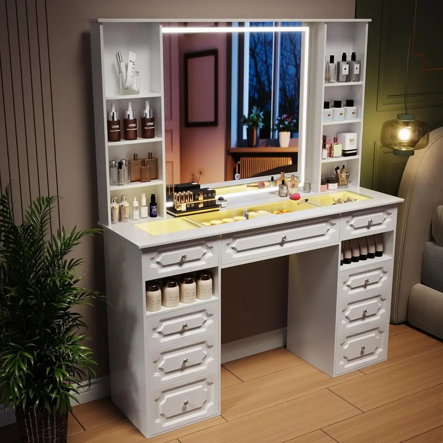 Extra Large Vanity Desk with Lighted Mirror,Huge Desktop Makeup Vanity Table with 9 Drawers