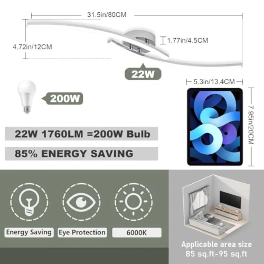 31.4Inch Modern LED Ceiling Light 22W Chrome Linear Ceiling Light Fixture 6000K Aluminum Long Flush Mount Ceiling Lights Fixtur view 4