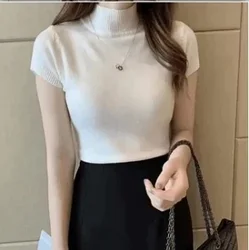 2024 blusas mujer de moda primavera verão novo sólido fino blusa de gola alta roupas femininas coreano malha casual