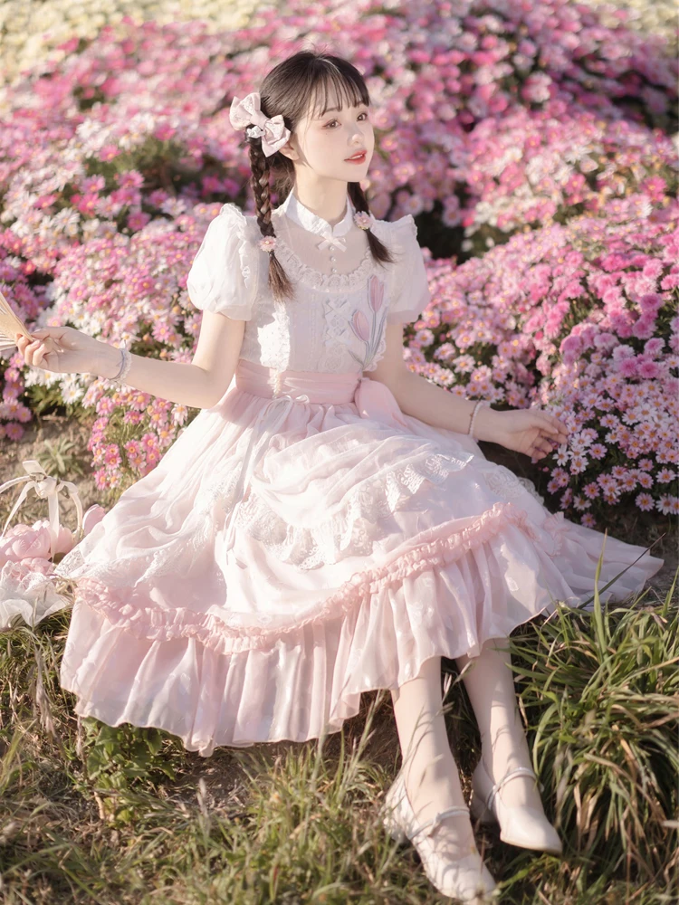 Robe Lolita à Manches Courtes pour Fille, Tenue Élégante Op Super Dégradé, en Dentelle, Douce, pour Anniversaire