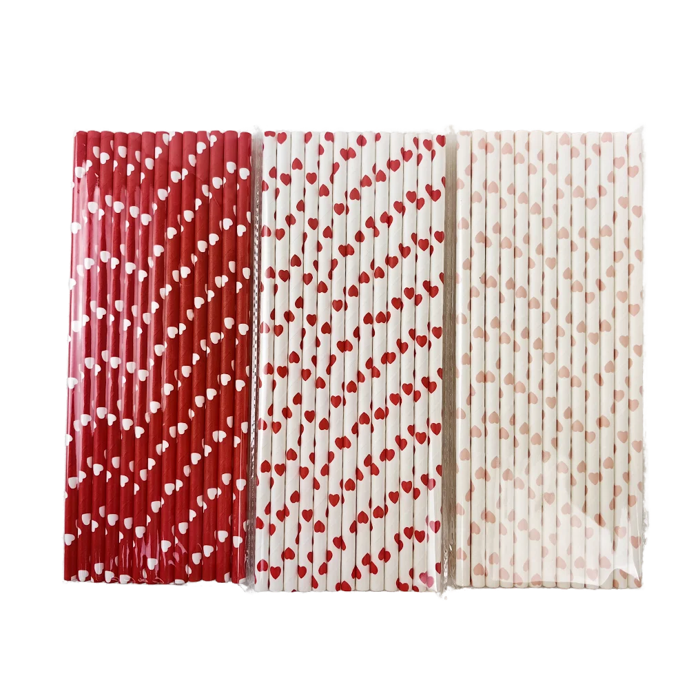 50pcs Valentine Paper Straws Red Heart Straws for Birthday Valentines Wedding Party Decors Biodegradable Paper Drinking Straws