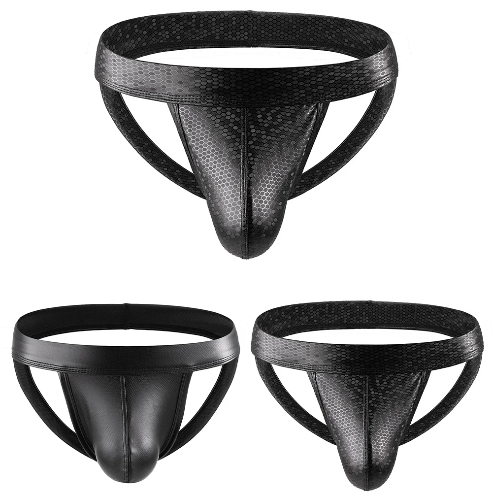 

Мужские сексуальные стринги из искусственной кожи с принтом, мужское нижнее белье с низкой талией, трусы с открытой попкой, бандаж
