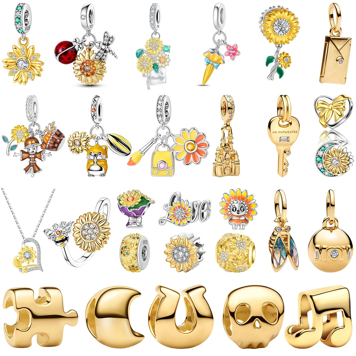 

S925 Silver Warm Sunflower Pastoral Fairy Tale Ladybug Castle Cicada Charm Spacer Bead Inlaid Gem DIY Bracelet Gift Fine Jewelry