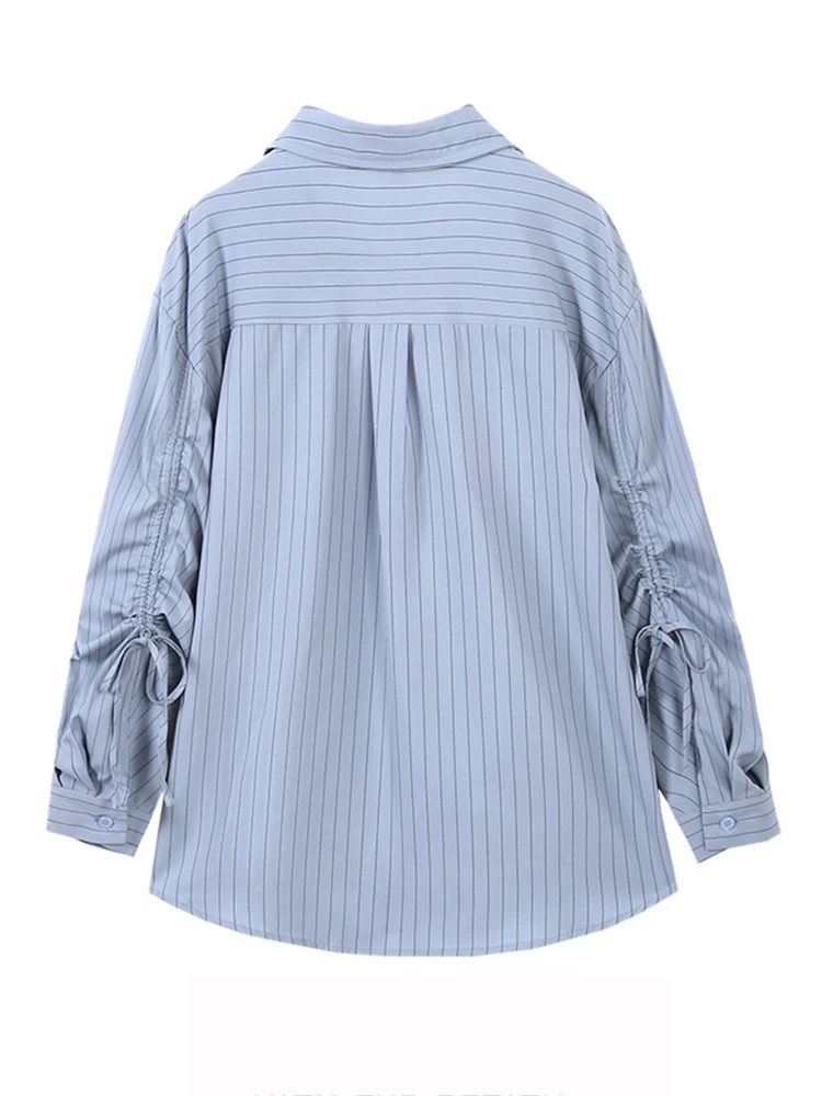 LANMREM Blue Striped Shirt Women's Lapel Pleats Drawstring Long Sleeves Loose Chic Shirts Female Top 2024 Summer Autumn CP2775