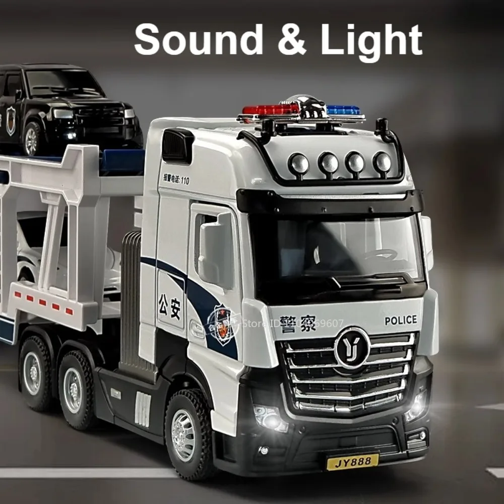 1:50 Scale Police Trailer Car Model Toy Alloy Diecast Double Deck Tractor Transporter Doors Opened Sound Light Pull Back Gifts