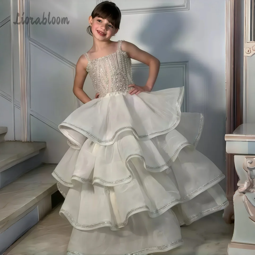 Abito da damigella in tulle per bambina, gonna ampia, elegante abito formale per matrimoni e feste, vestito da sposa