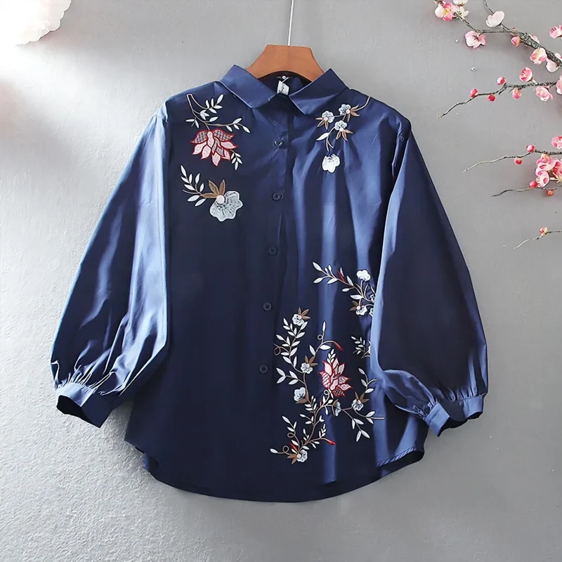 Summer New Solid Color Floral Embroidered Shirt Women POLO Collar Lantern Sleeve Single Breasted Cardigan Thin Style Loose Tops